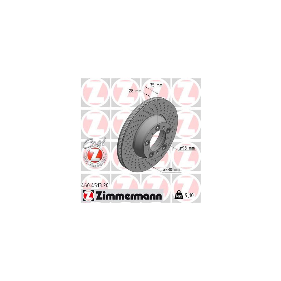 ZIMmERMANN 460 4513 20 Brake Disc for PORSCHE 911 Internally Vented Perforated Coated