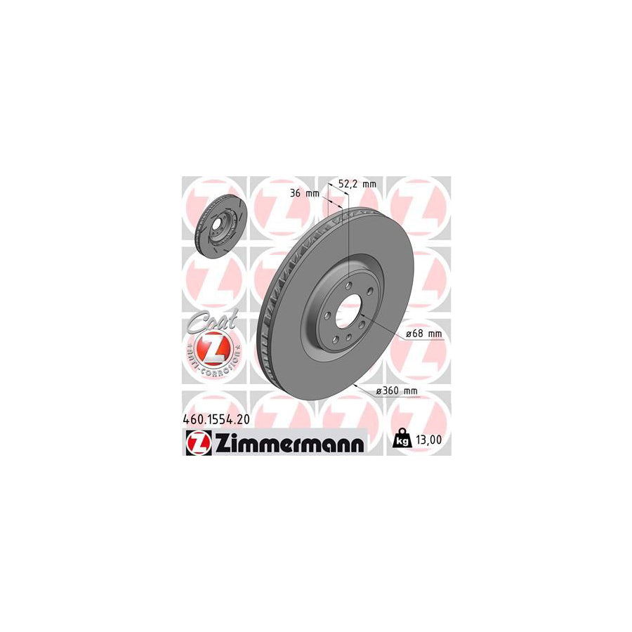 ZIMmERMANN COAT Z 460 1554 20 Brake Disc for PORSCHE Macan 95B Internally Vented Slotted Coated High carbon