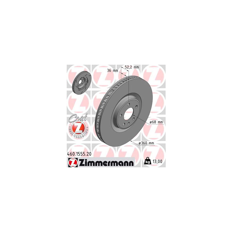 ZIMmERMANN COAT Z 460 1555 20 Brake Disc for PORSCHE Macan 95B Internally Vented Slotted Coated High carbon