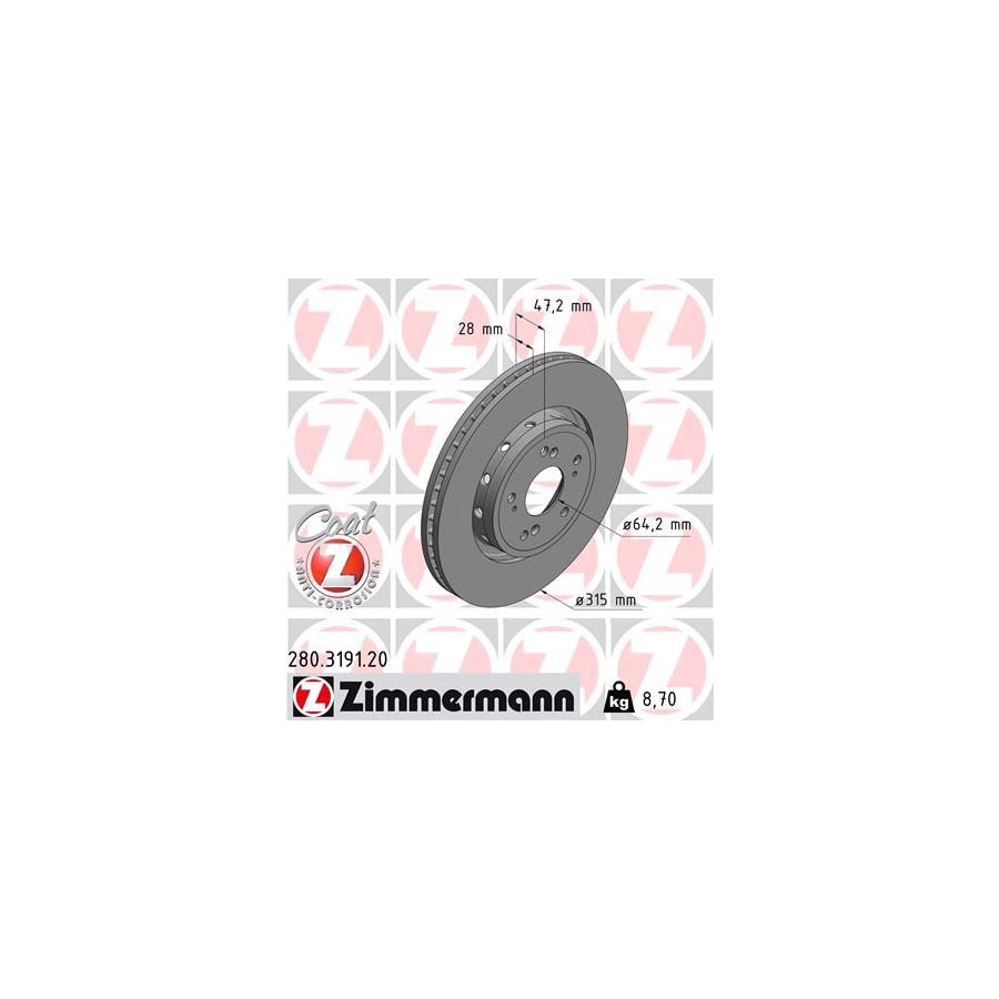 ZIMmERMANN 280 3191 20 Brake Disc for HONDA CR V IV RM Externally Vented Coated