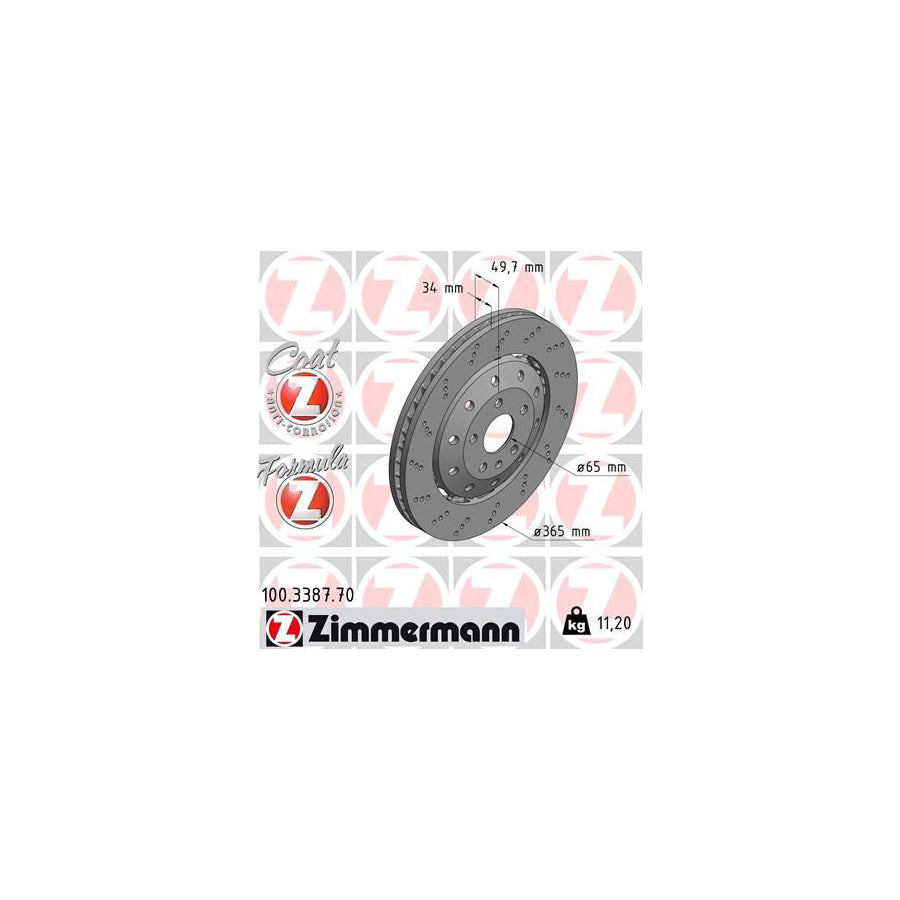 ZIMmERMANN 100 3387 70 Brake Disc for AUDI Q3 8UB 8UG Perforated Two piece brake disc Vented Coated Alloyed High carbon