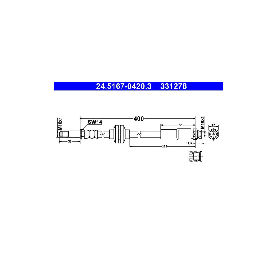 ATE 24 5167 0420 3 Brake Hose for FORD Focus C Max DM2 400Mm M10X1 