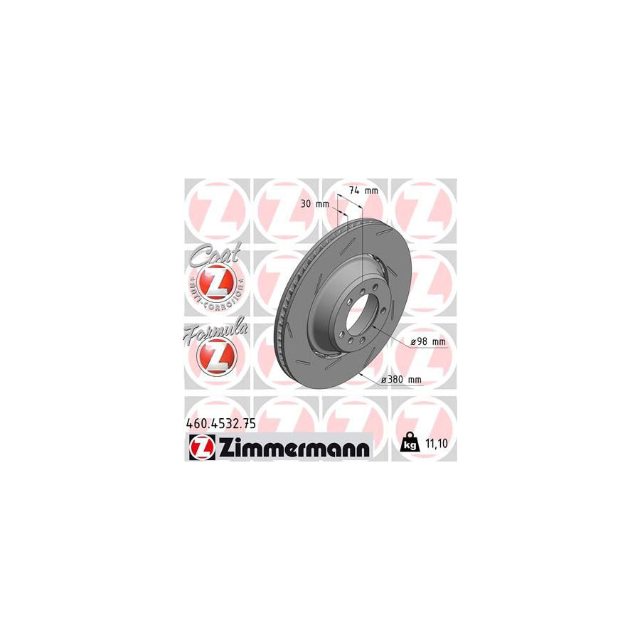 ZIMmERMANN 460 4532 75 Brake Disc for PORSCHE PANAMERA Slotted Two piece brake disc Vented Coated Alloyed High carbon