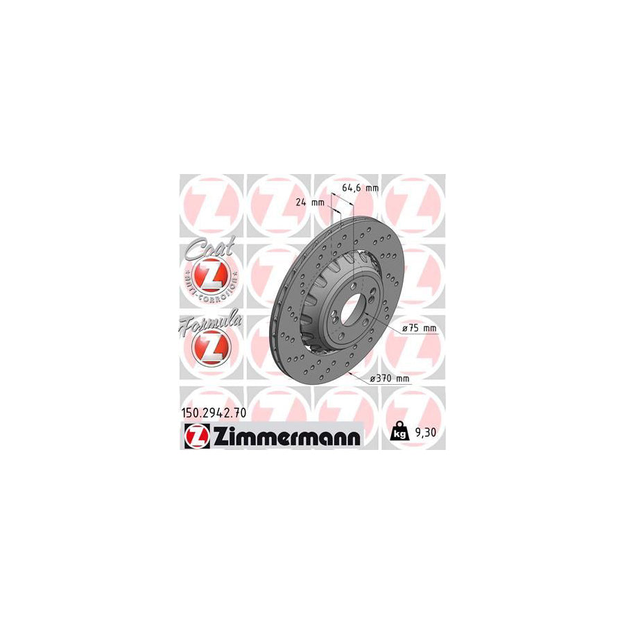 ZIMmERMANN 150 2942 70 Brake Disc Perforated Two piece brake disc Vented Coated Alloyed High carbon