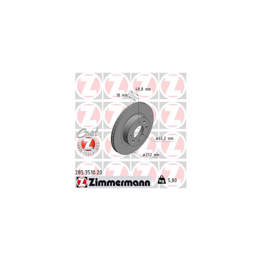ZIMmERMANN COAT Z 285 3510 20 Brake Disc Internally Vented Coated