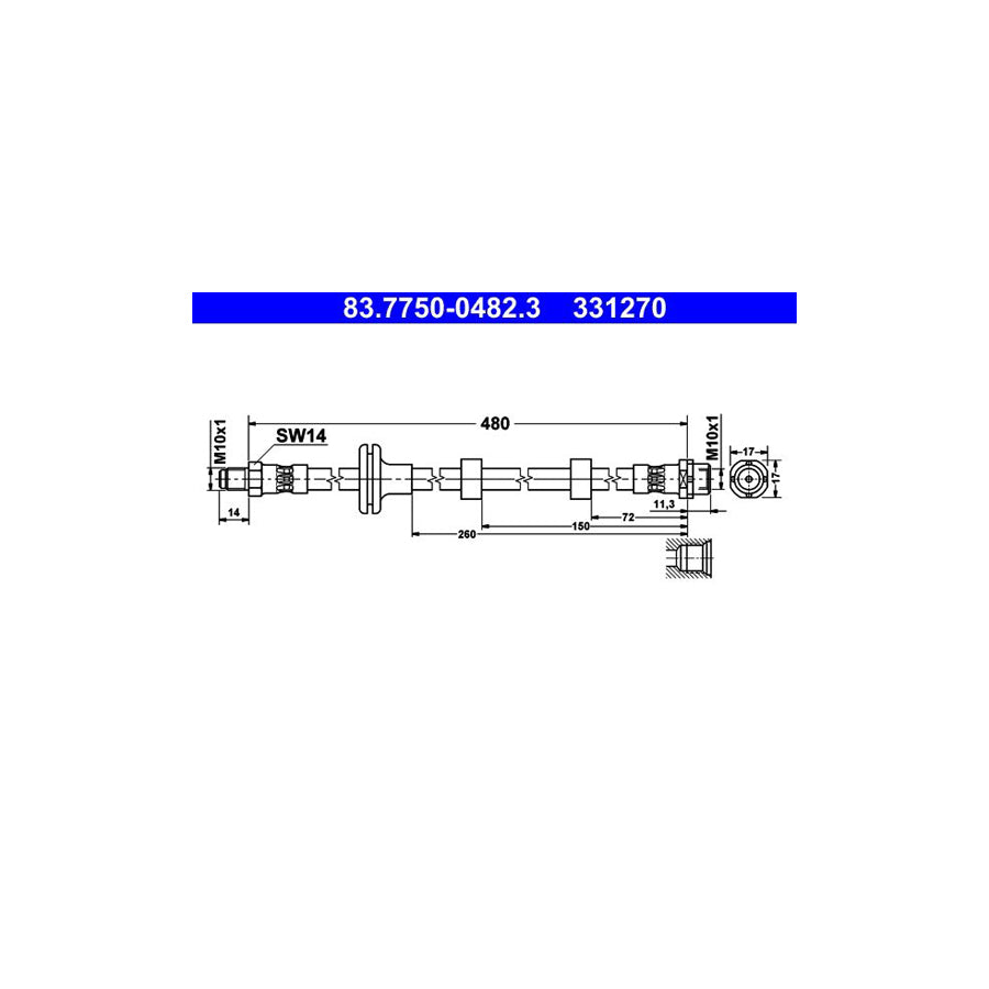 ATE 83 7750 0482 3 Brake Hose for LAND ROVER Range Rover III L322 480Mm M10X1 