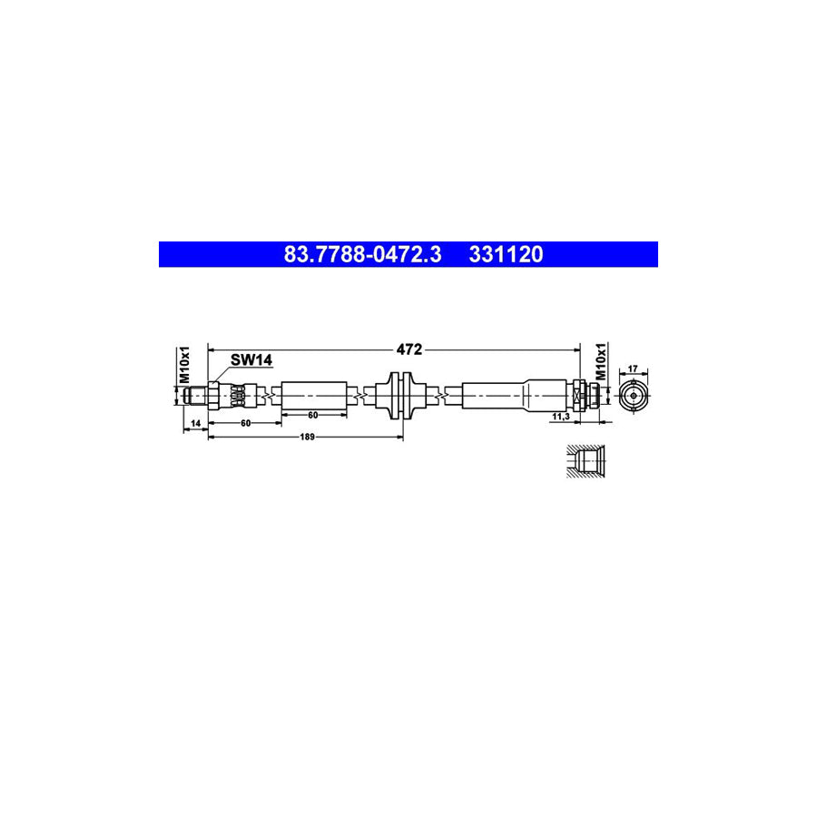ATE 83 7788 0472 3 Brake Hose for FORD KUGA 472Mm M10X1 