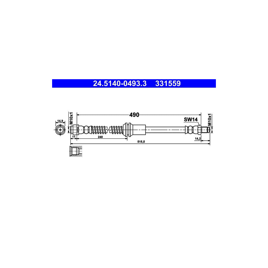 ATE 24 5140 0493 3 Brake Hose suitable for MERCEDES BENZ GLK X204 490Mm M10X1 