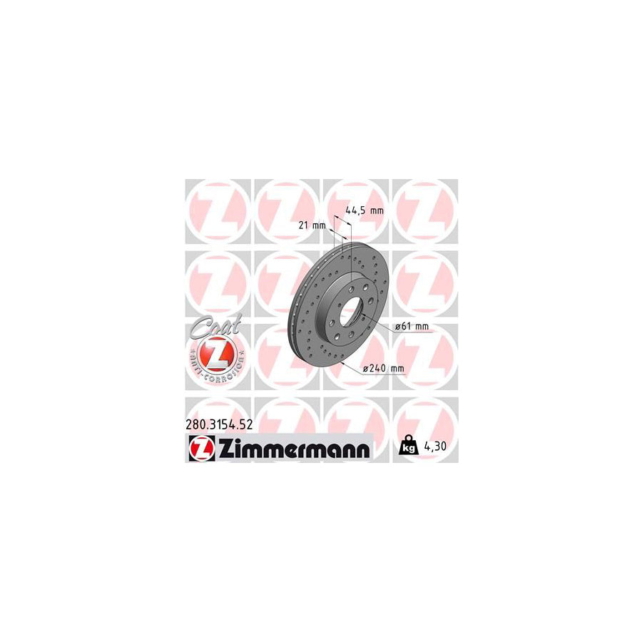 ZIMmERMANN COAT Z 280 3154 52 Brake Disc for HONDA CIVIC Internally Vented Perforated Coated