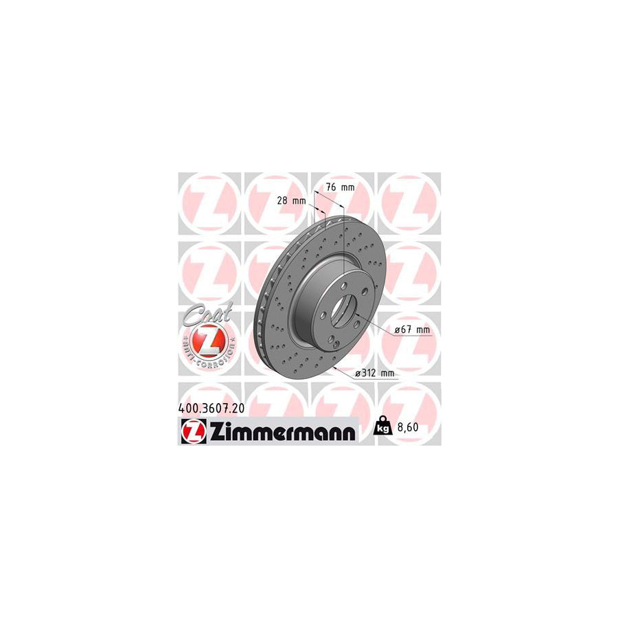 ZIMmERMANN COAT Z 400 3607 20 Brake Disc suitable for MERCEDES BENZ S Class Saloon W220 Internally Vented Perforated Coated High carbon