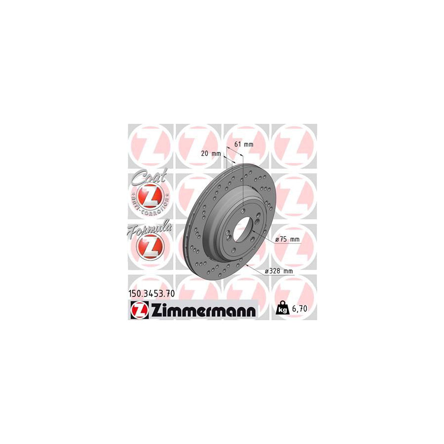 ZIMmERMANN FORMULA Z COAT Z 150 3453 70 Brake Disc Perforated Two piece brake disc Vented Coated Alloyed High carbon