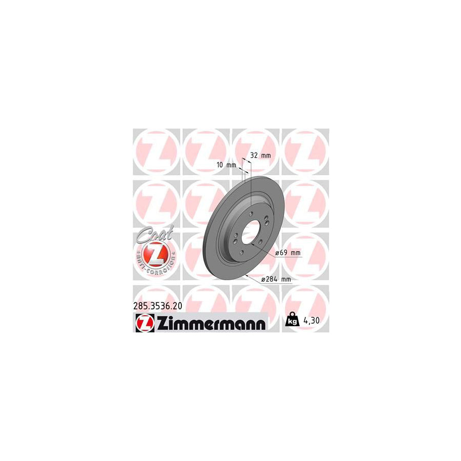 ZIMmERMANN 285 3536 20 Brake Disc for HYUNDAI Kona OS SUV Solid Coated