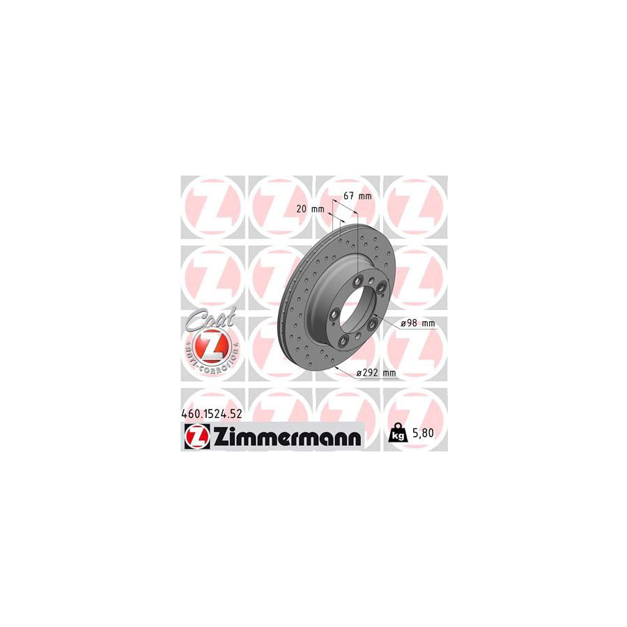 ZIMmERMANN SPORT COAT Z 460 1524 52 Brake Disc for PORSCHE Boxster 986 Internally Vented Perforated Coated