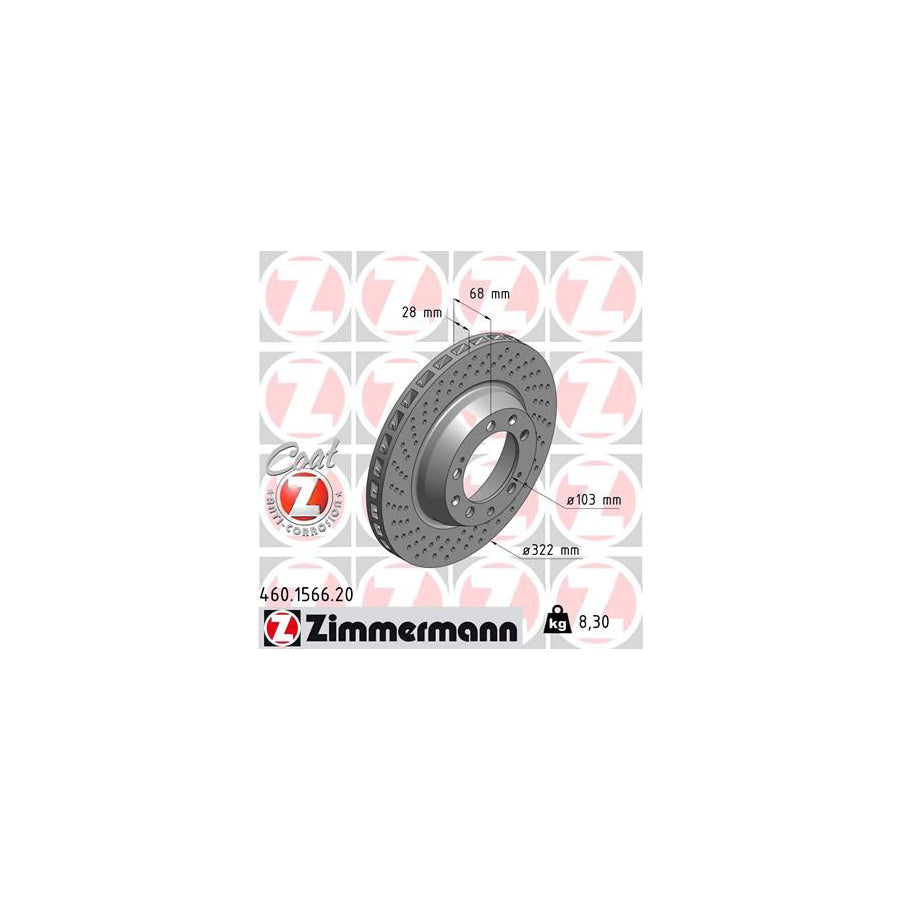 ZIMmERMANN COAT Z 460 1566 20 Brake Disc for PORSCHE 911 Coupe 993 Internally Vented Perforated Coated