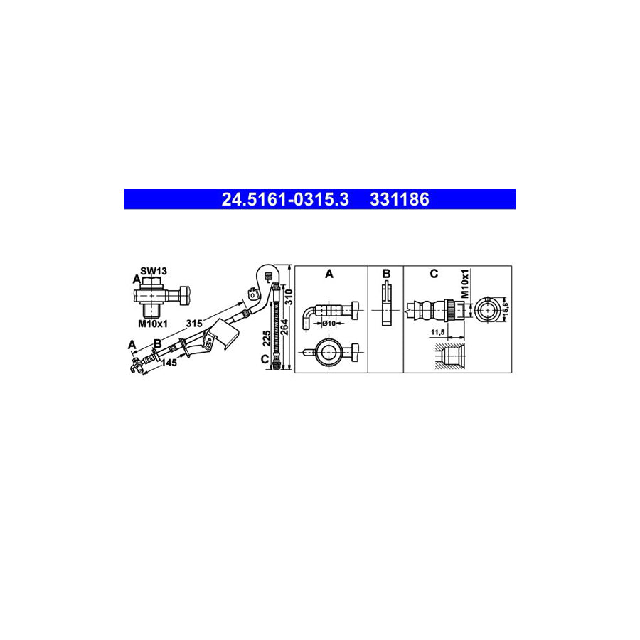 ATE 24 5161 0315 3 Brake Hose 310Mm