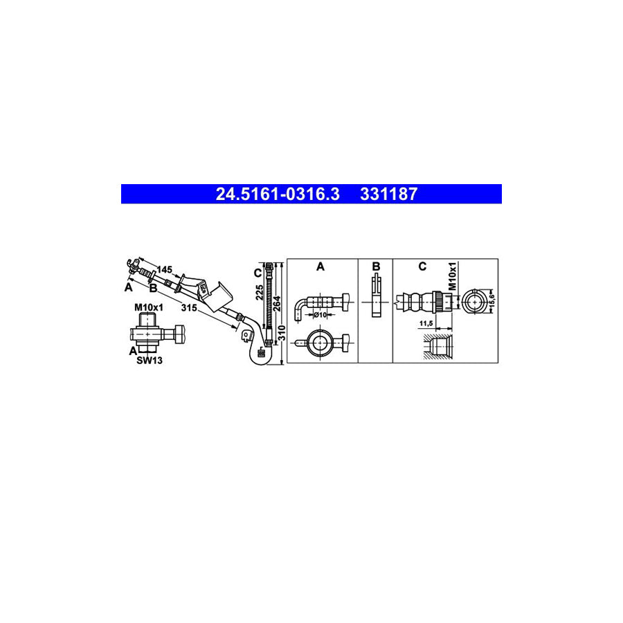 ATE 24 5161 0316 3 Brake Hose 310Mm
