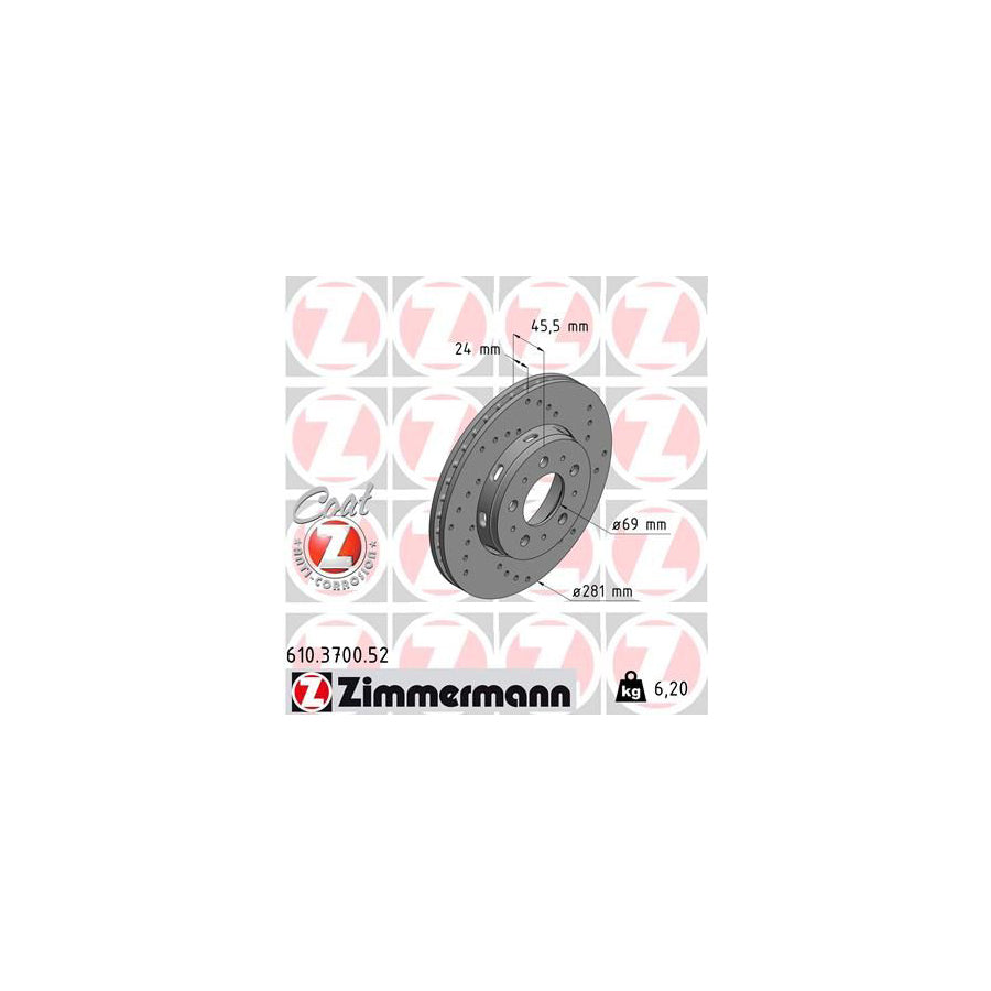 ZIMmERMANN SPORT COAT Z 610 3700 52 Brake Disc Externally Vented Perforated Coated