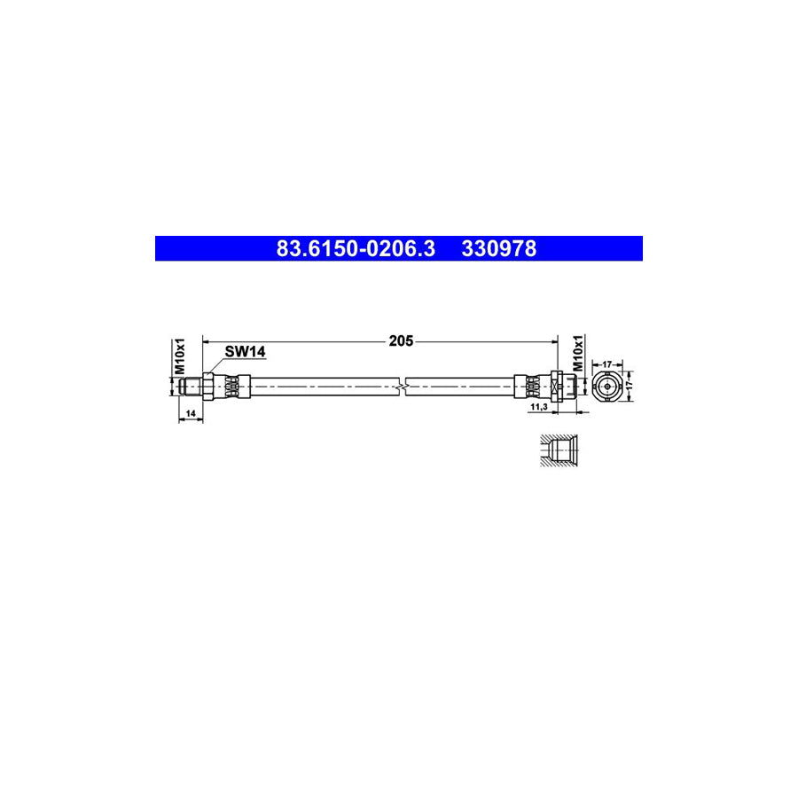 ATE 83 6150 0206 3 Brake Hose for BMW Z4 205Mm M10X1 