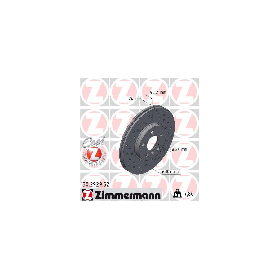 ZIMmERMANN 150 2929 52 Brake Disc Internally Vented Perforated Coated High carbon