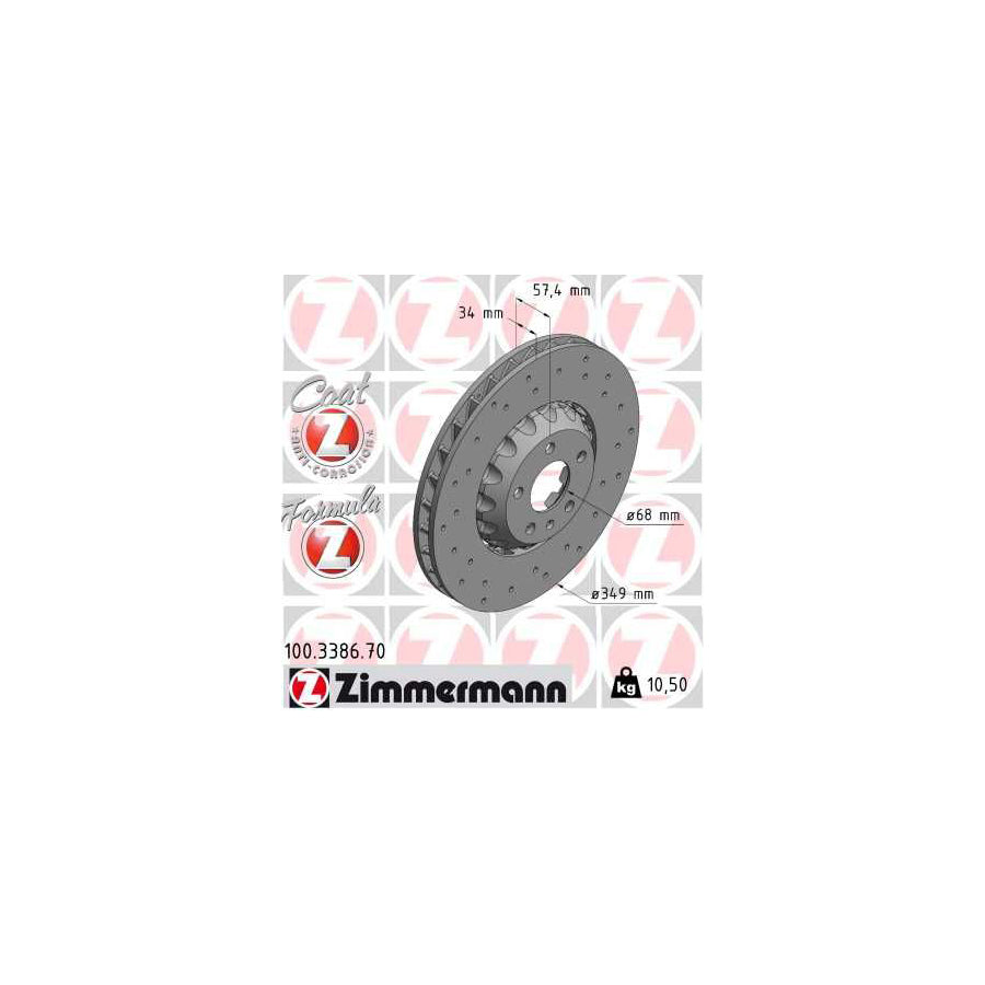 ZIMmERMANN 100 3386 70 Brake Disc Perforated Two piece brake disc Vented Coated Alloyed High carbon