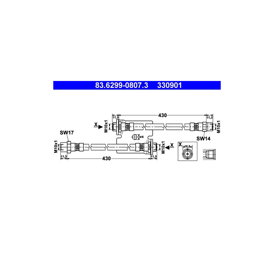 ATE 83 6299 0807 3 Brake Hose for VW Caddy I Pickup 14 430Mm