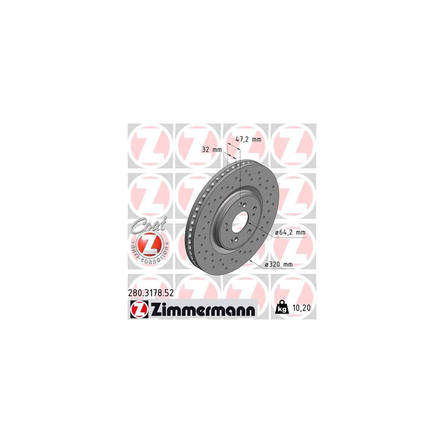 ZIMmERMANN SPORT COAT Z 280 3178 52 Brake Disc for HONDA ACCORD Internally Vented Perforated Coated