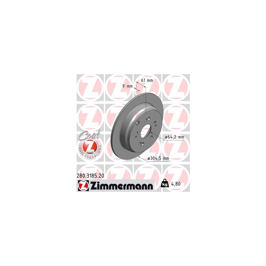 ZIMmERMANN COAT Z 280 3185 20 Brake Disc for HONDA CR V Solid Coated