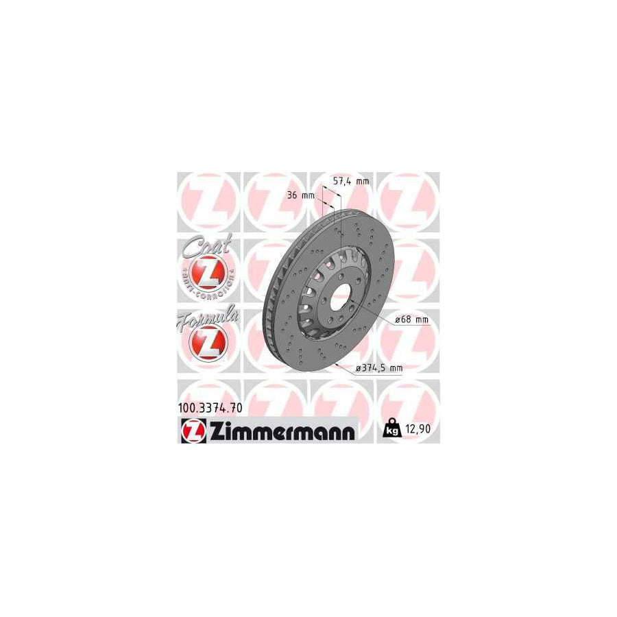 ZIMmERMANN 100 3374 70 Brake Disc Perforated Two piece brake disc Vented Coated Alloyed High carbon