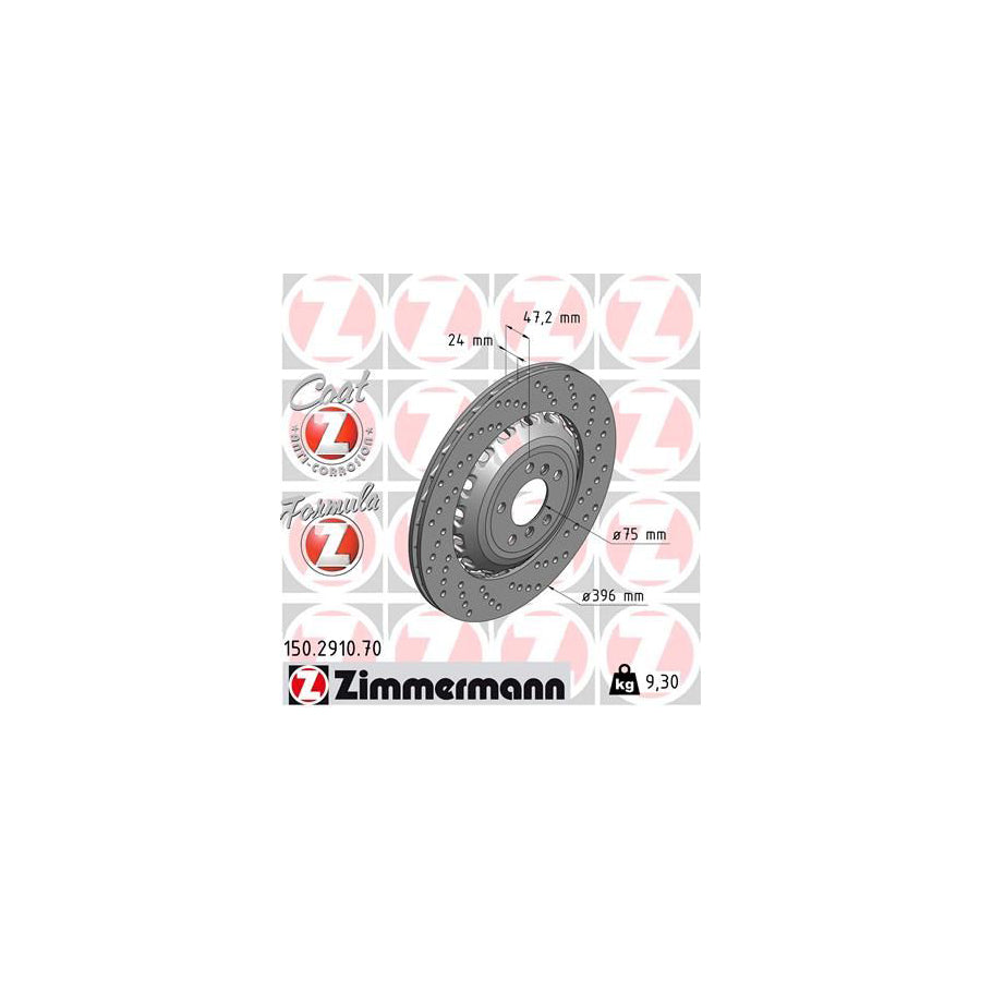ZIMmERMANN FORMULA Z COAT Z 150 2910 70 Brake Disc Perforated Two piece brake disc Vented Coated Alloyed High carbon