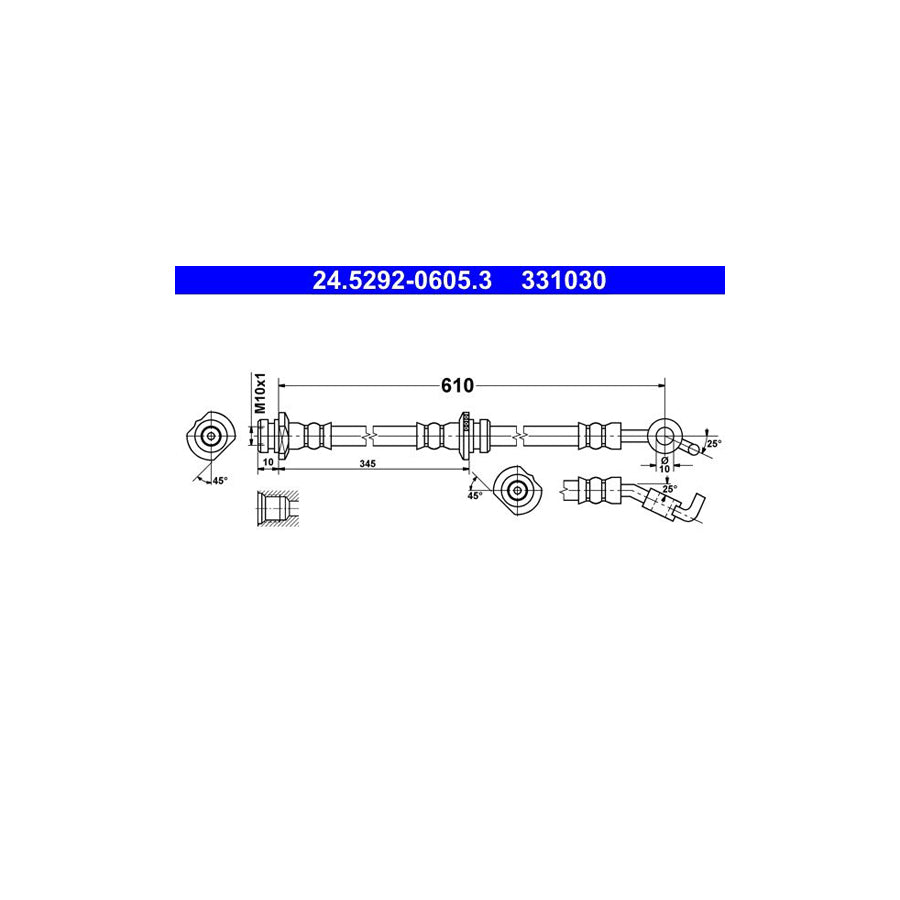 ATE 24 5292 0605 3 Brake Hose 610Mm M10X1 