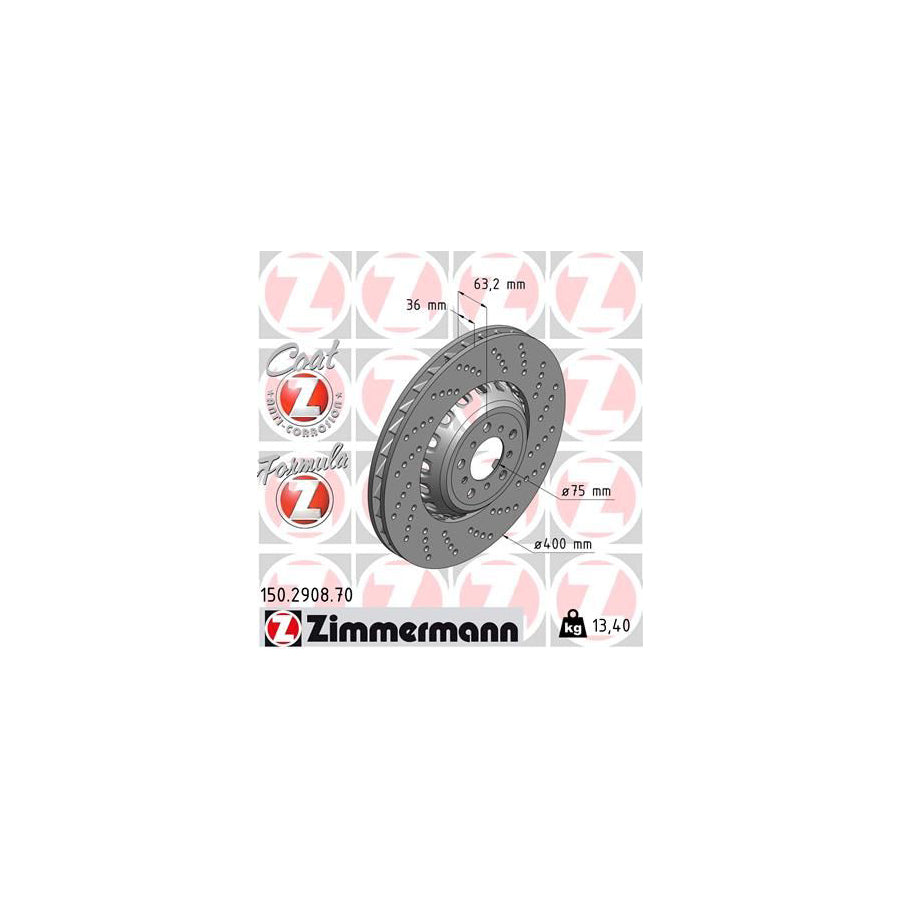ZIMmERMANN FORMULA Z COAT Z 150 2908 70 Brake Disc Perforated Two piece brake disc Vented Coated Alloyed High carbon
