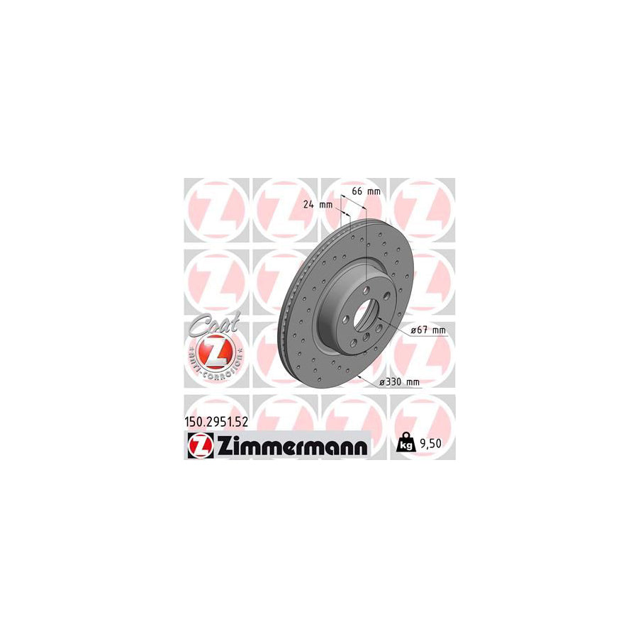 ZIMmERMANN 150 2951 52 Brake Disc Internally Vented Perforated Coated High carbon