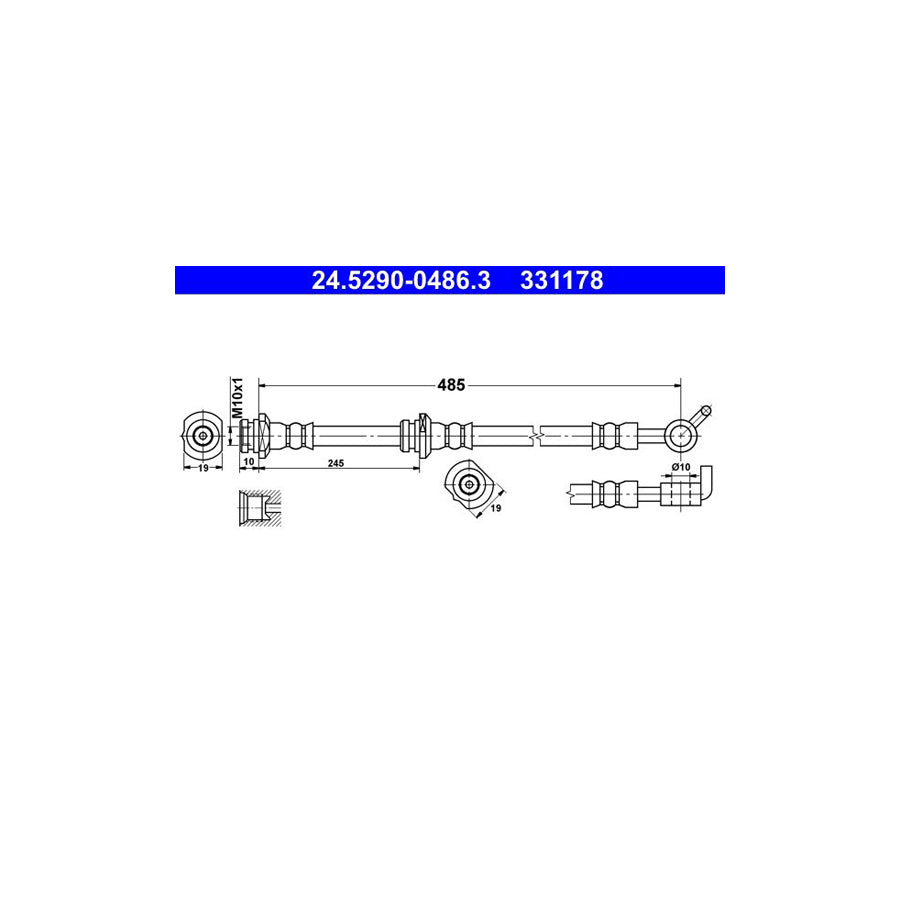 ATE 24 5290 0486 3 Brake Hose for NISSAN X Trail T30 485Mm M10X1 