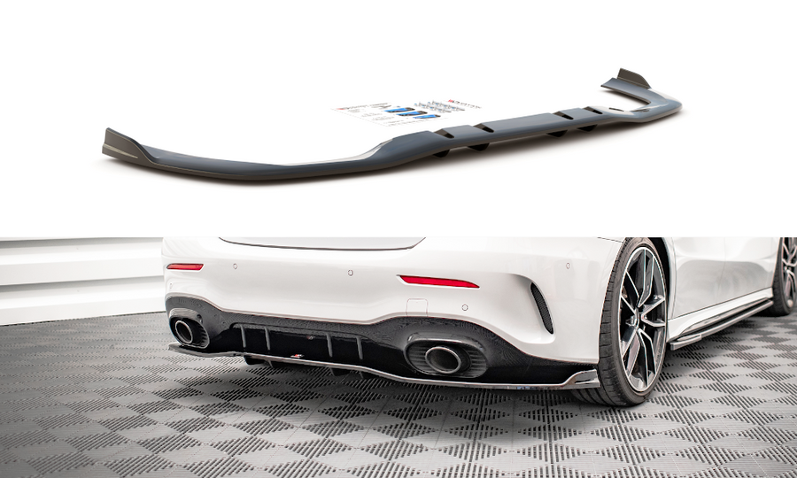 Maxton Design ME-A-177-35-S-RD3T+RD4T Central Rear Splitter (With Vertical Bars) V.2 Mercedes Benz A35 AMG V177 Sedan | Duco Car Parts UK Car Parts