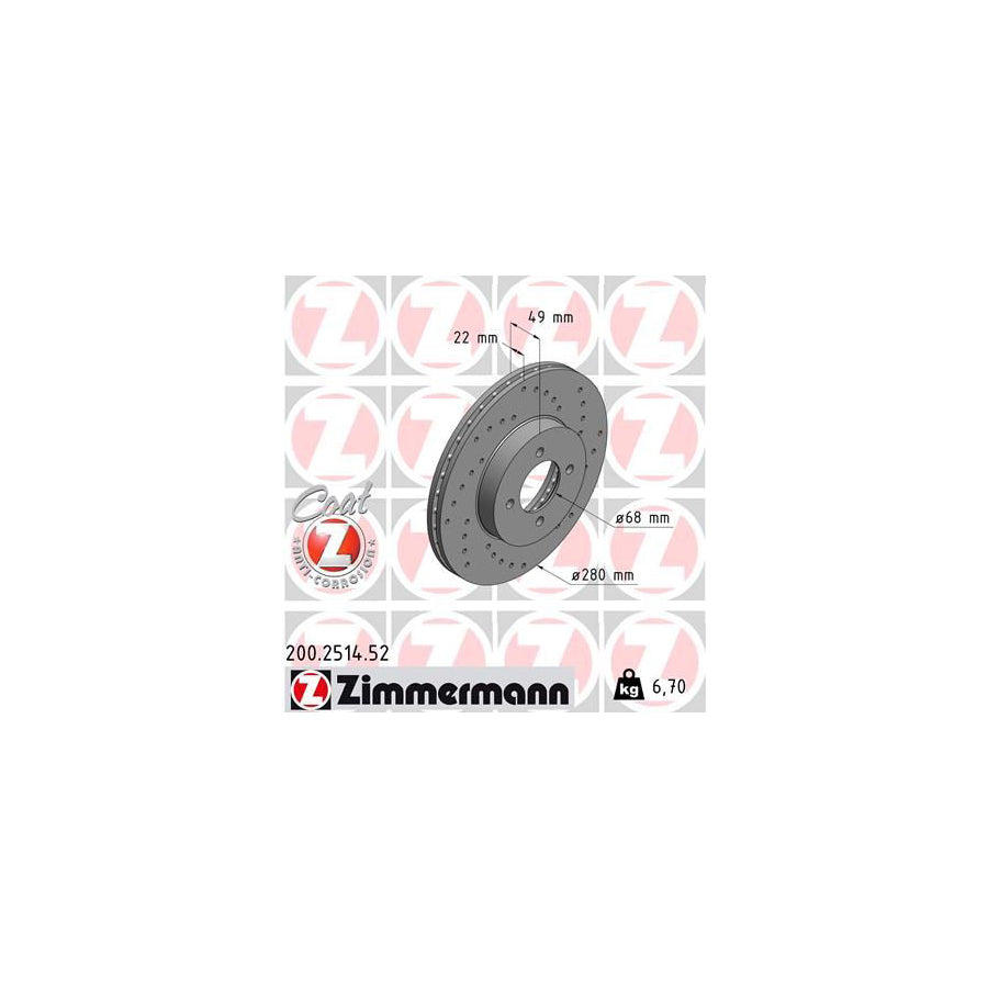 ZIMmERMANN SPORT COAT Z 200 2514 52 Brake Disc Internally Vented Perforated Coated
