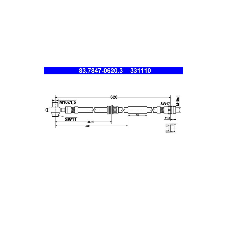 ATE 83 7847 0620 3 Brake Hose for AUDI TT 620Mm M10X1 