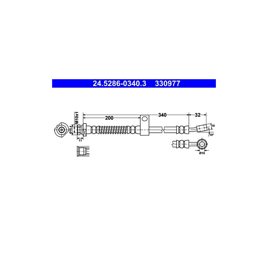 ATE 24 5286 0340 3 Brake Hose for HYUNDAI Amica Atoz MX 340Mm M10X1