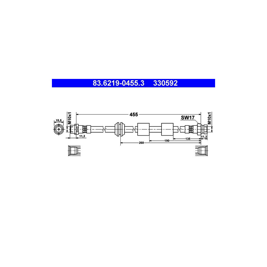ATE 83 6219 0455 3 Brake Hose 455Mm