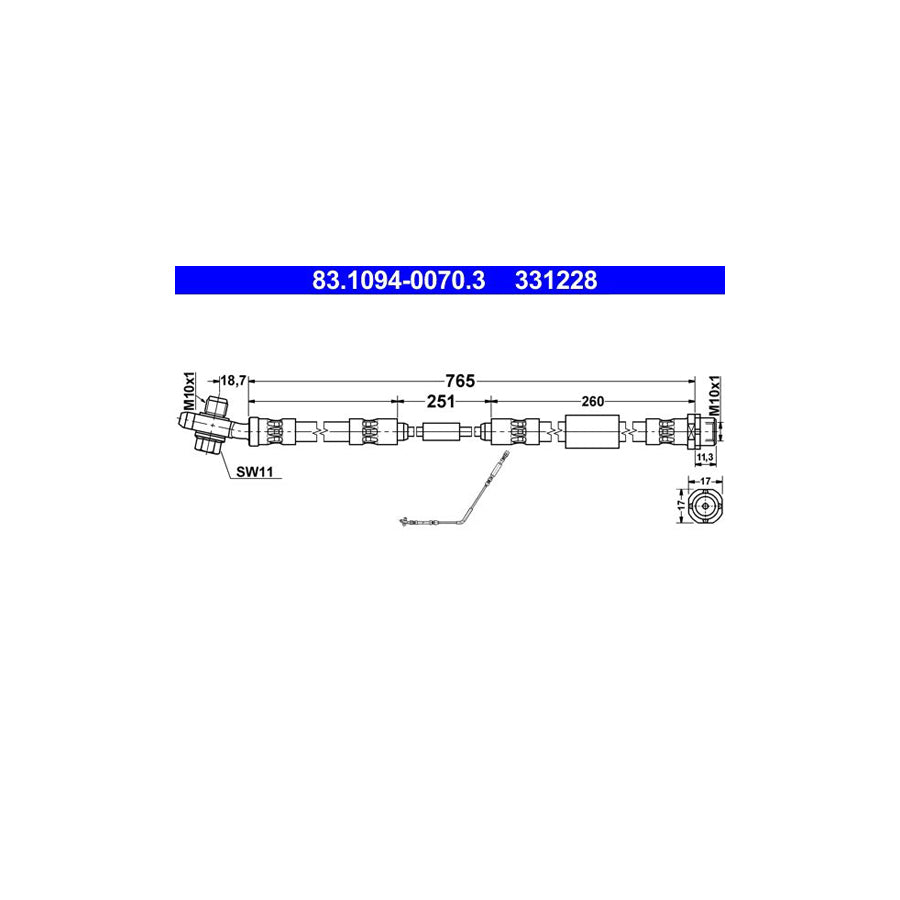 ATE 83 1094 0070 3 Brake Hose for LAND ROVER Range Rover III L322 765Mm M10X1 