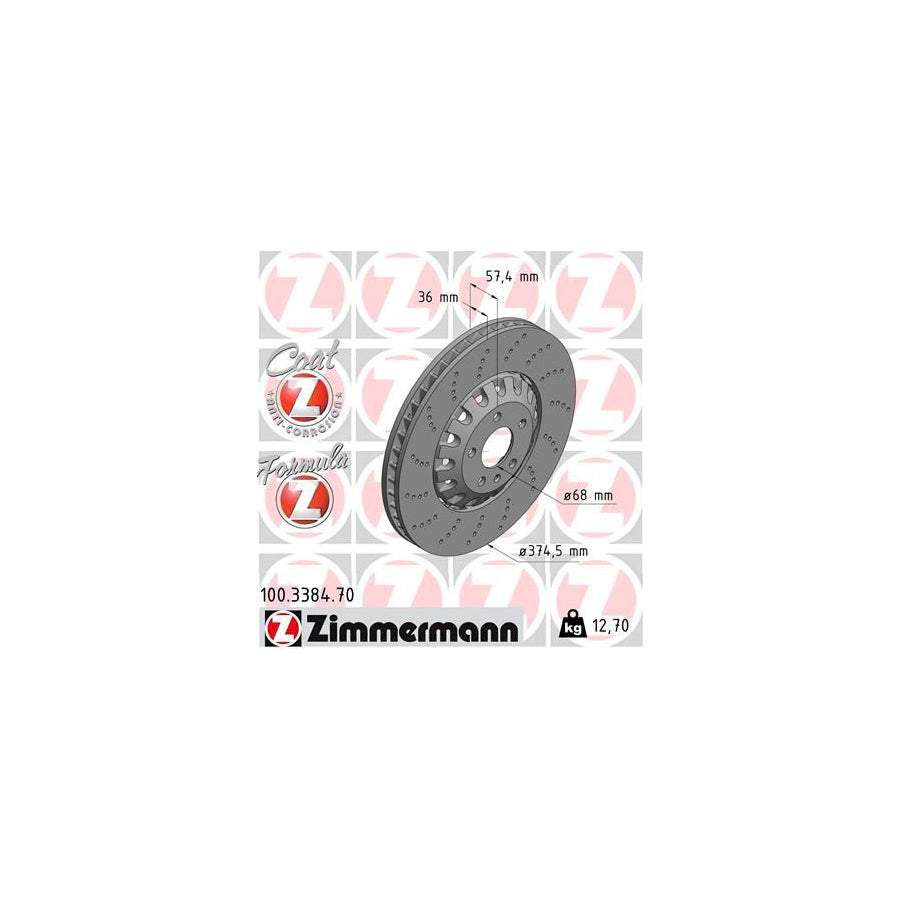 ZIMmERMANN 100 3384 70 Brake Disc Perforated Two piece brake disc Vented Coated Alloyed High carbon