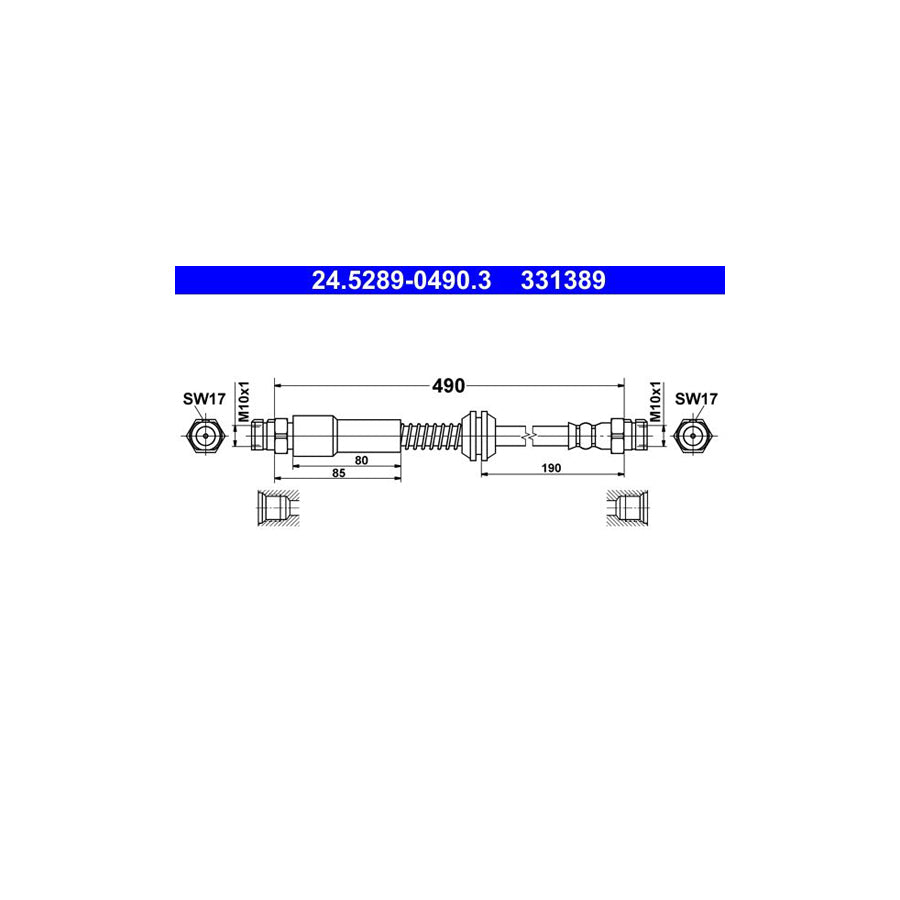 ATE 24 5289 0490 3 Brake Hose for VW CADDY 490Mm