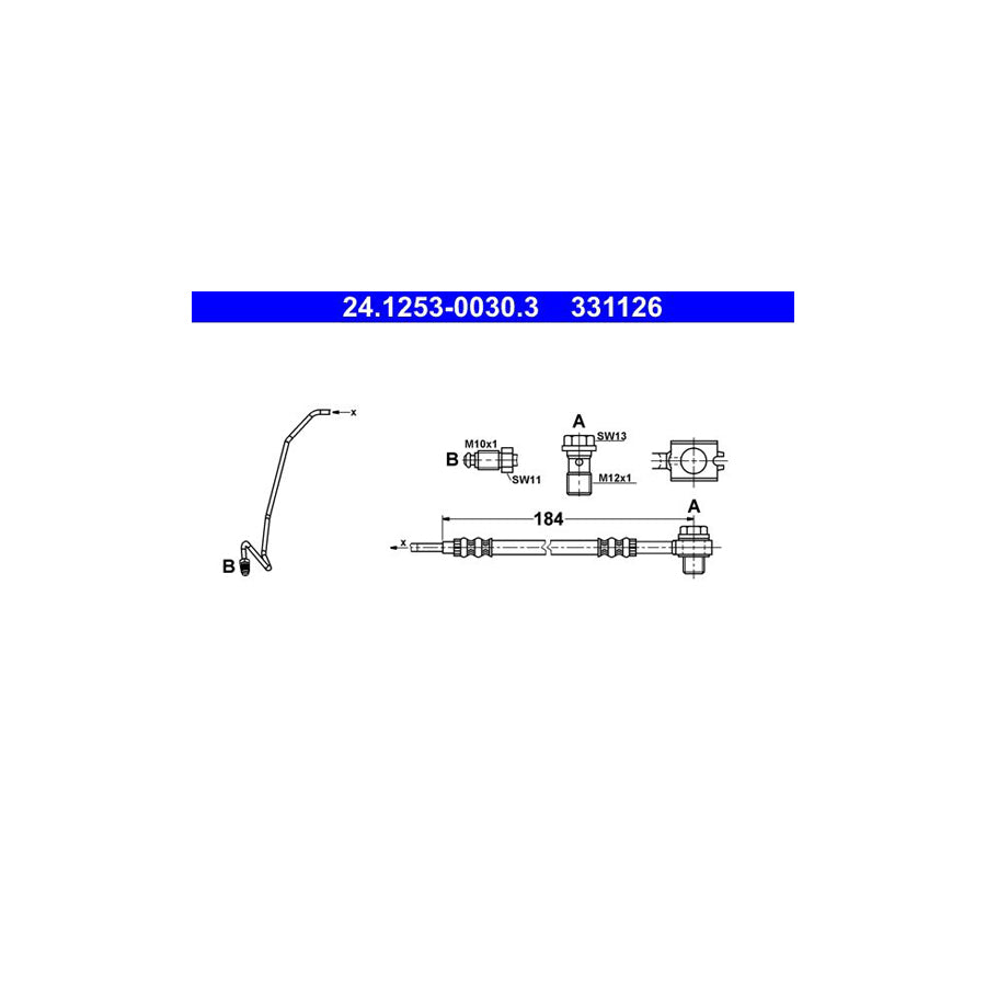 ATE 24 1253 0030 3 Brake Hose 184Mm