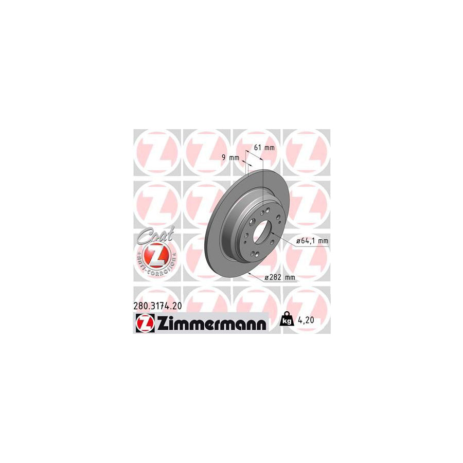 ZIMmERMANN COAT Z 280 3174 20 Brake Disc for HONDA Accord VII Tourer CM CN Solid Coated
