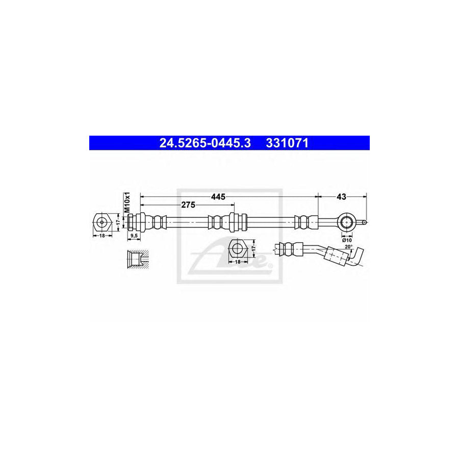 ATE 24 5265 0445 3 Brake Hose for MAZDA Demio Estate DW 445Mm M10X1 