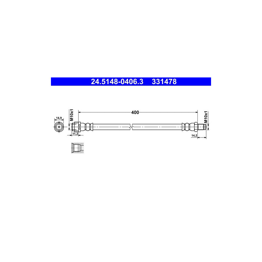 ATE 24 5148 0406 3 Brake Hose 400Mm M10X1 