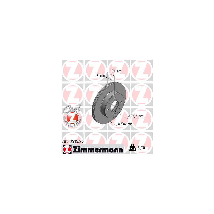 ZIMmERMANN COAT Z 285 3515 20 Brake Disc for HYUNDAI Amica Atoz MX Internally Vented Coated