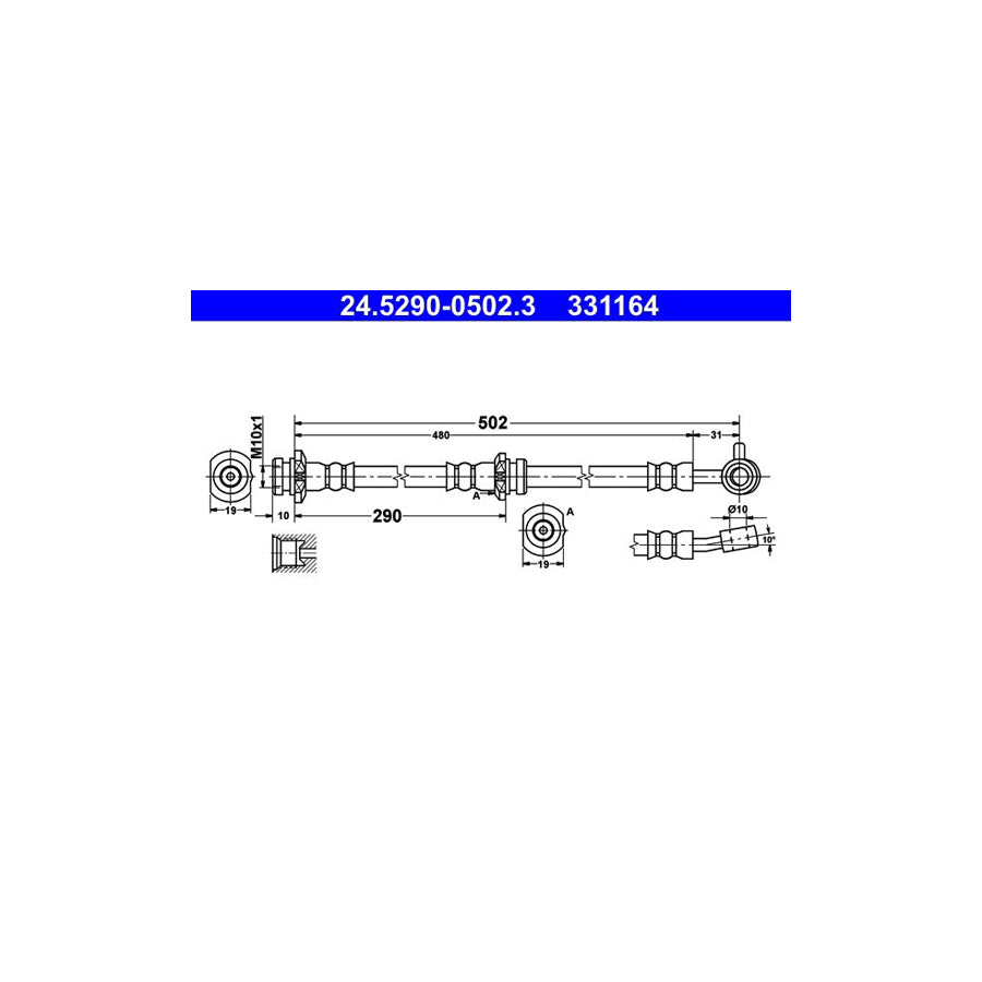 ATE 24 5290 0502 3 Brake Hose for NISSAN X Trail T30 502Mm M10X1 