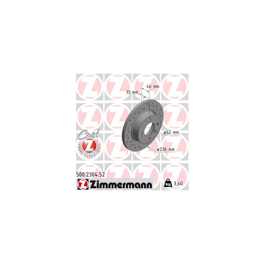 ZIMmERMANN SPORT COAT Z 500 2304 52 Brake Disc for SKODA FELICIA Perforated Solid Coated