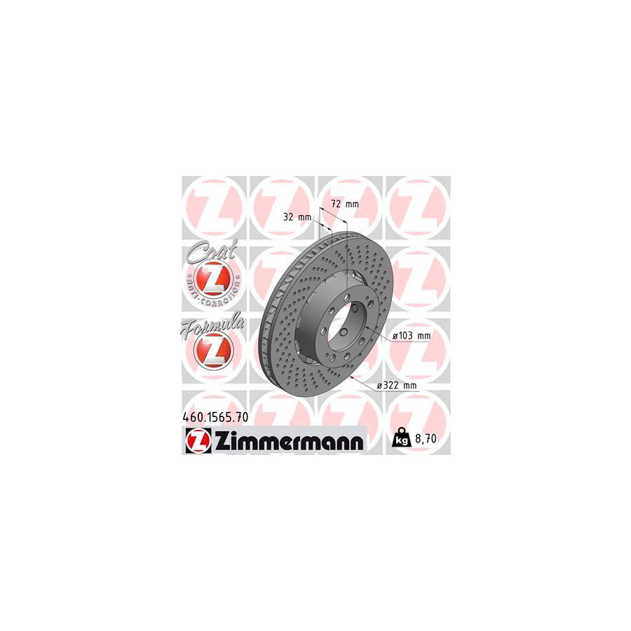 ZIMmERMANN FORMULA Z COAT Z 460 1565 70 Brake Disc for PORSCHE 911 Coupe 993 Perforated Two piece brake disc Vented Coated Alloyed High carbon