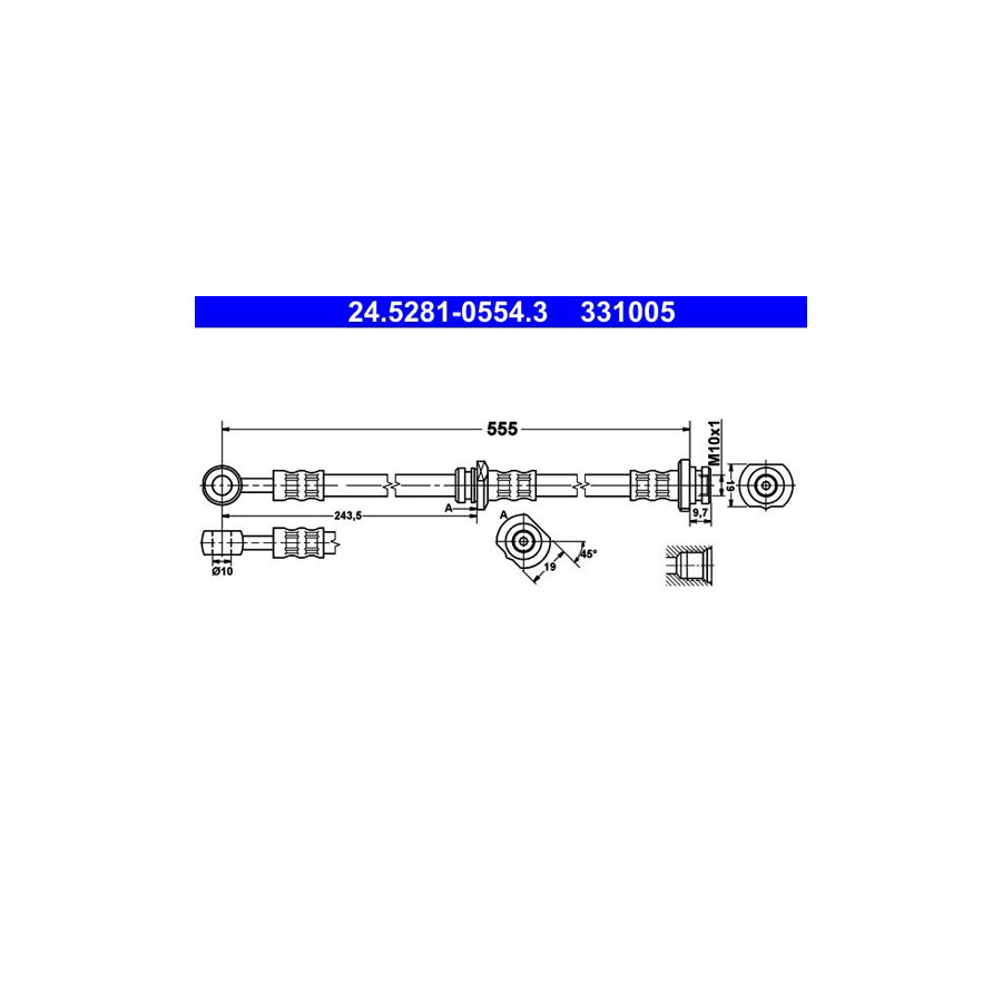 ATE 24 5281 0554 3 Brake Hose for NISSAN ALMERA 555Mm M10X1 